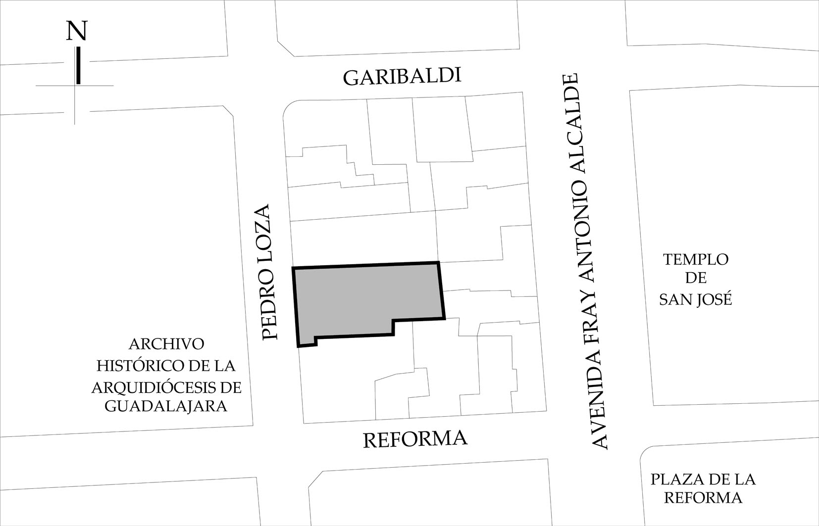 Croquis de localizaci&oacute;n, 2023. Fuente: Plano Catastral de la Ciudad de Guadalajara, 2018.