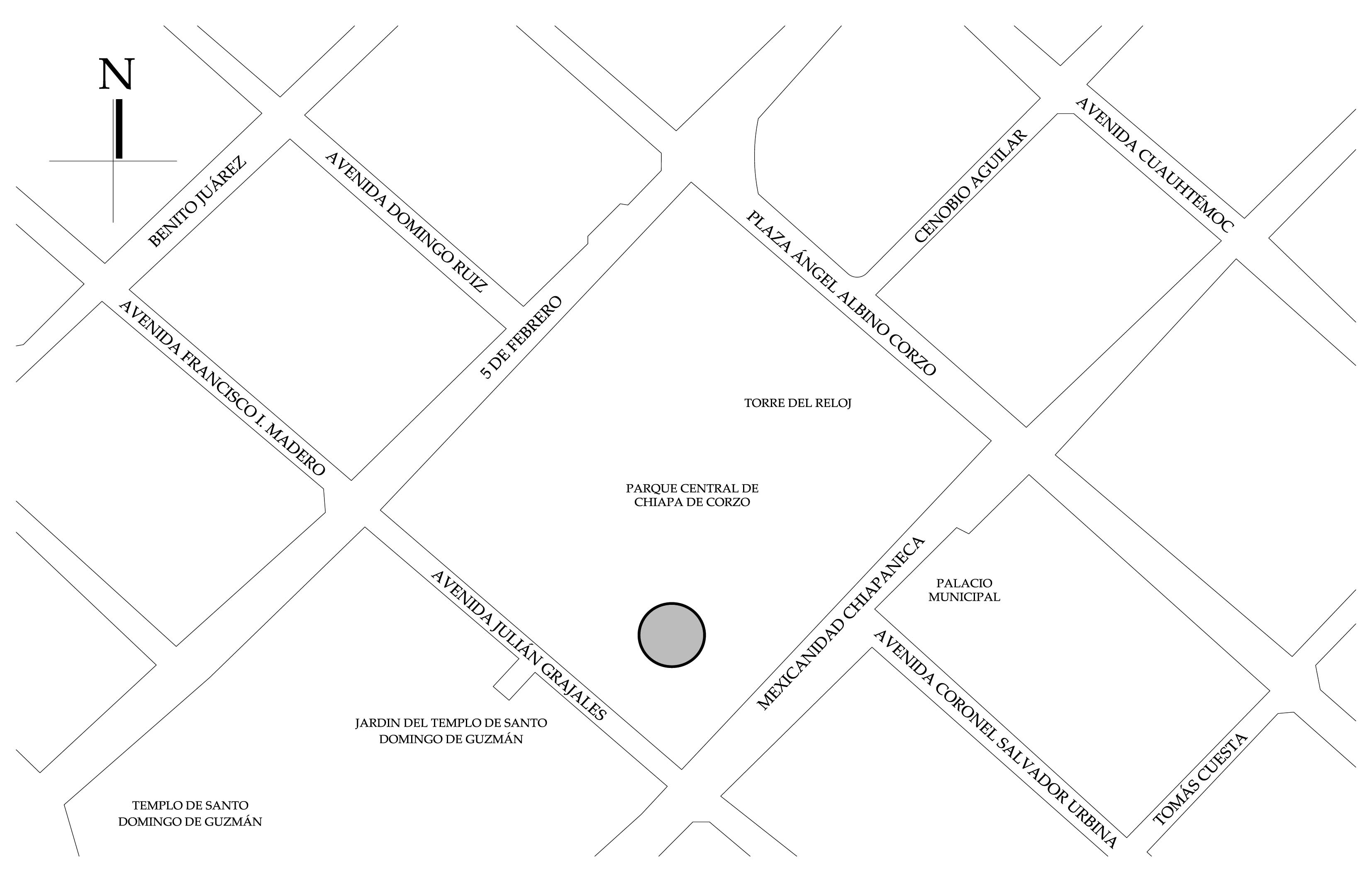 Croquis de localizaci&oacute;n, 2015. Fuente: Plano de Zona de Monumentos Hist&oacute;ricos de Chiapa de Corzo, 2020.