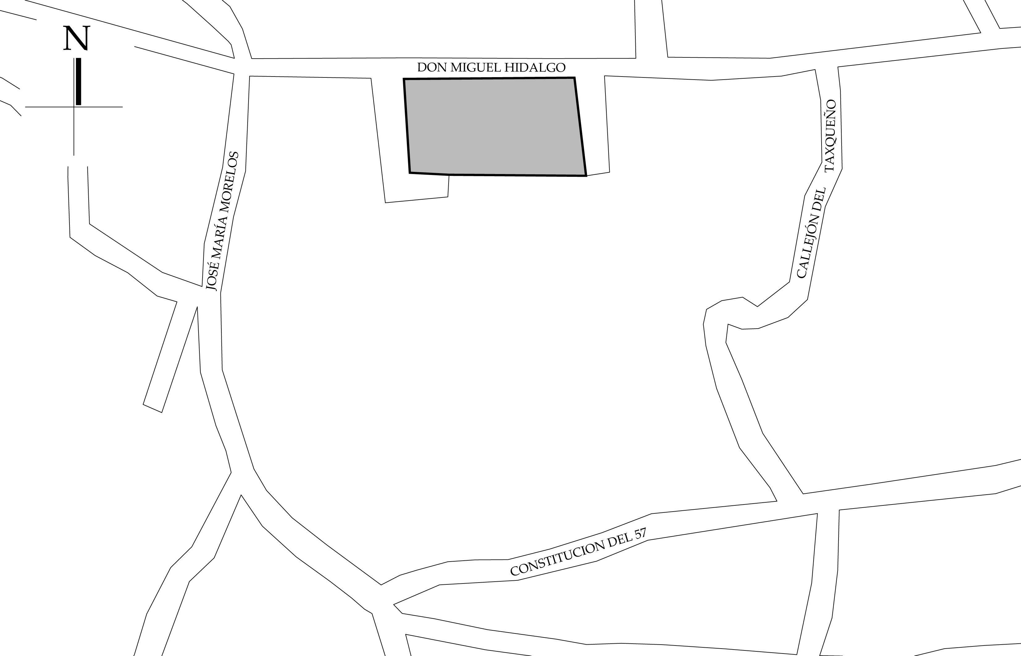 Croquis de Localizaci&oacute;n. Fuente: Plano de la Ciudad de Taxco, Secretaria de Planeaci&oacute;n, Desarrollo Municipal y Obras P&uacute;blicas de Taxco. 2019.