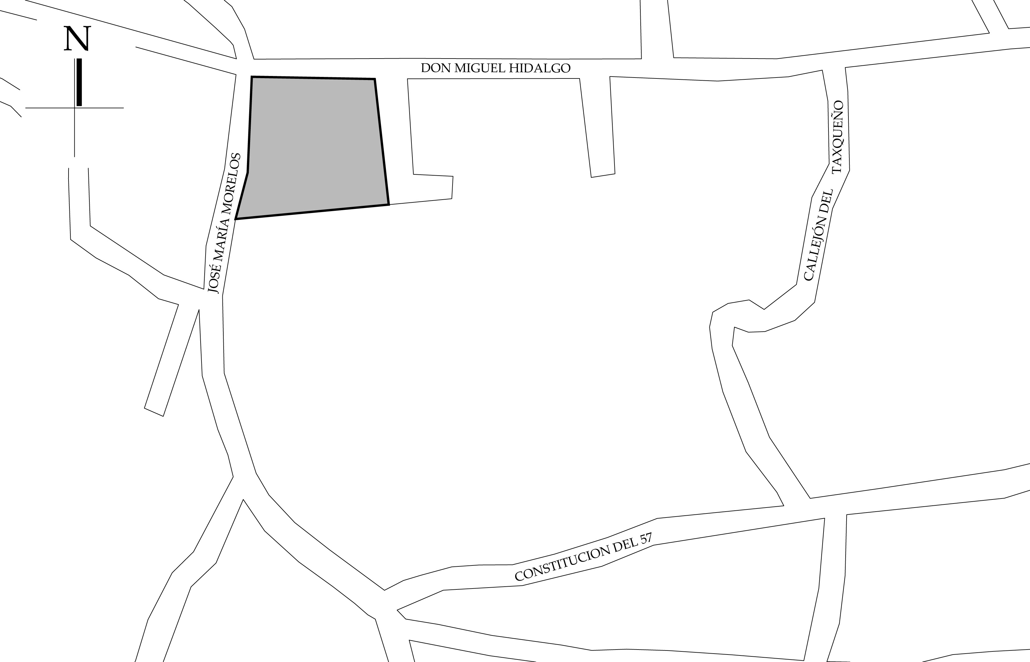 Croquis de Localización. Fuente: Plano de la Ciudad de Taxco, Secretaria de Planeación, Desarrollo Municipal y Obras Públicas de Taxco. 2019.