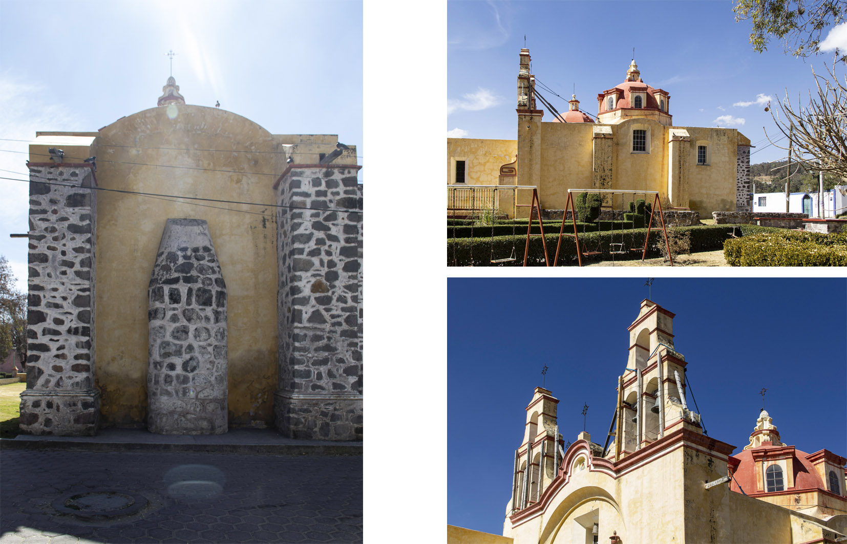Fachada posterior (izq.), vista posterior de la capilla (arriba dcha.), detalle de espadañas (abajo dcha.), 2019.