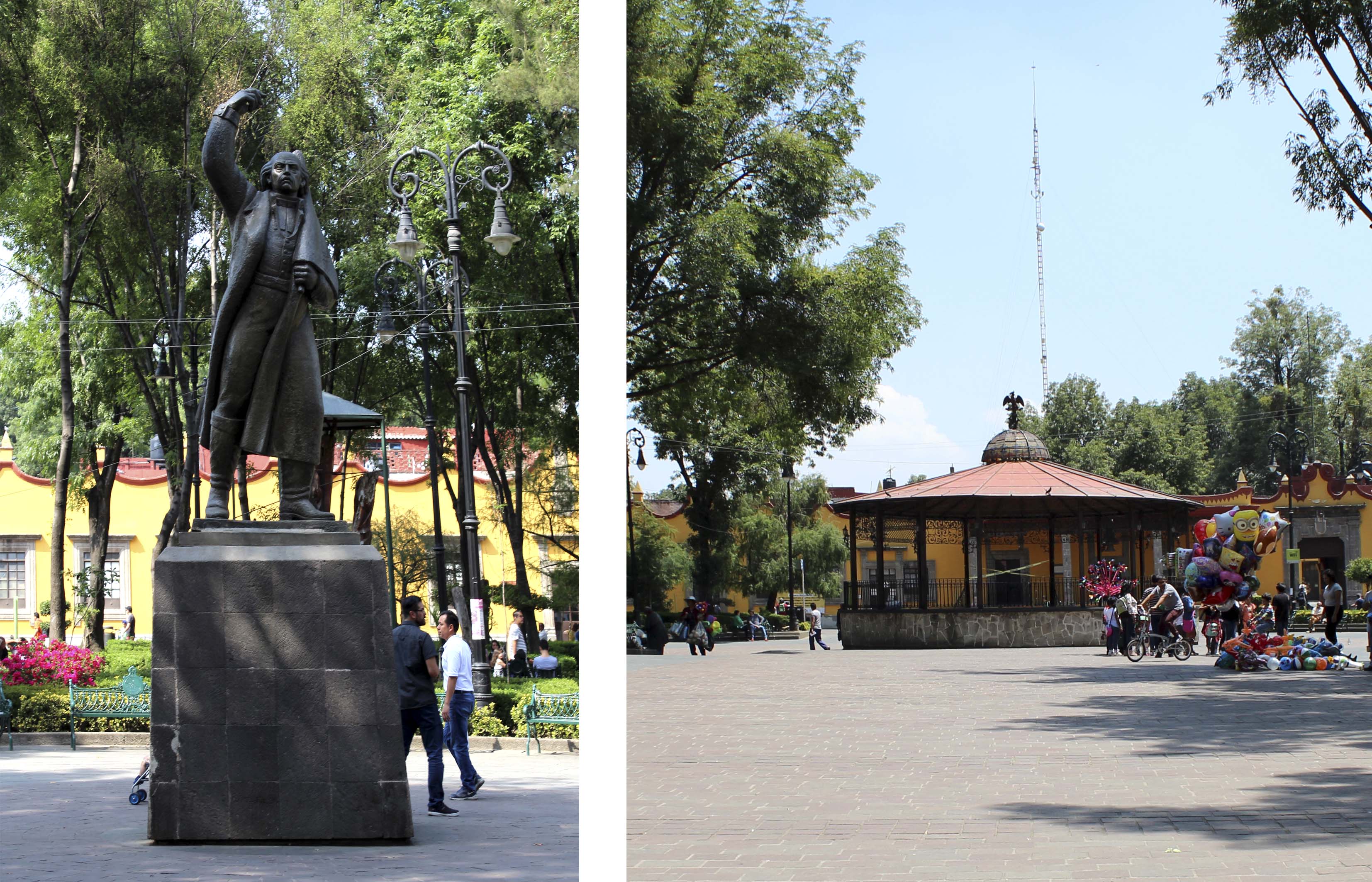 Elementos relevantes de la plaza; monumento a Miguel Hidalgo (izquierda) y Kiosko (derecha), 2018.