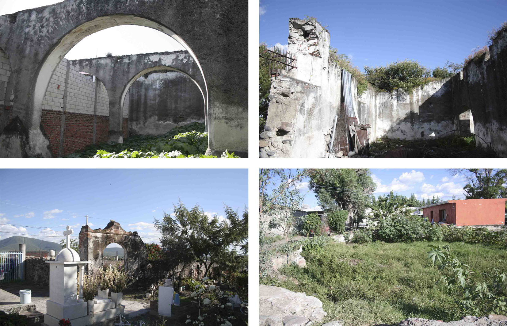 Arriba: arcadas y muros interiores de la hacienda, abajo: pante&oacute;n y jag&uuml;ey. Foto 2016.