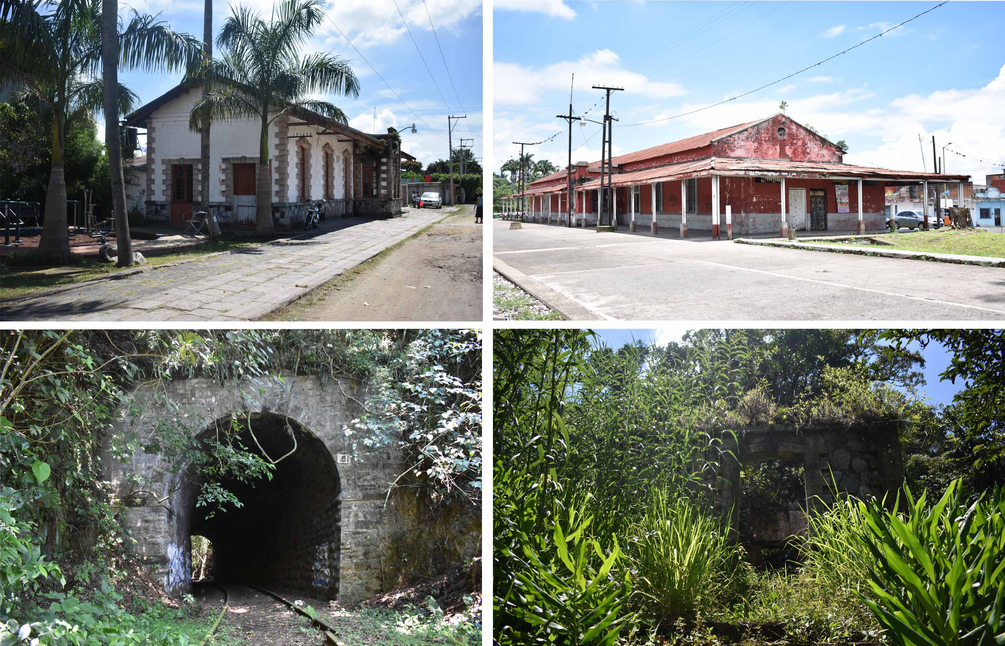 Estaci&oacute;n de Sumidero (arriba izq.), estaci&oacute;n de Fort&iacute;n de las Flores (arriba dcha.), t&uacute;nel 5 (abajo izq.) y casa de guardapuente (abajo dcha.), 2018.