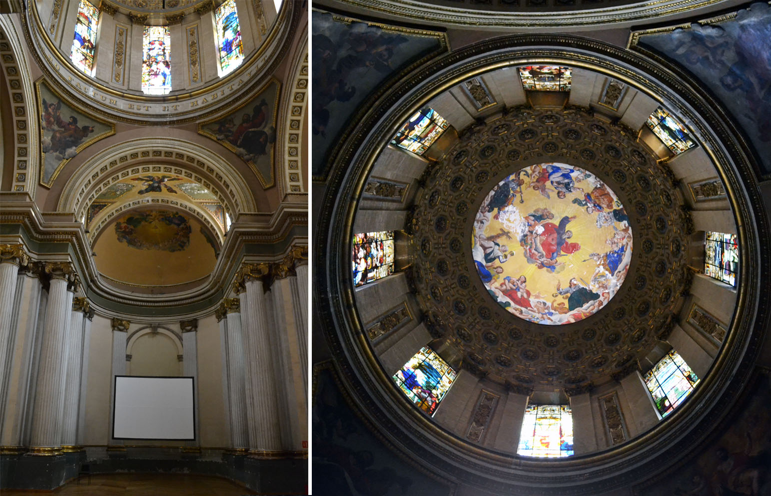 Detalles al interior de la capilla del Señor de Santa Teresa. Izq. ábside, der. cúpula con pinturas de Juan Cordero (s. XIX); 2016.