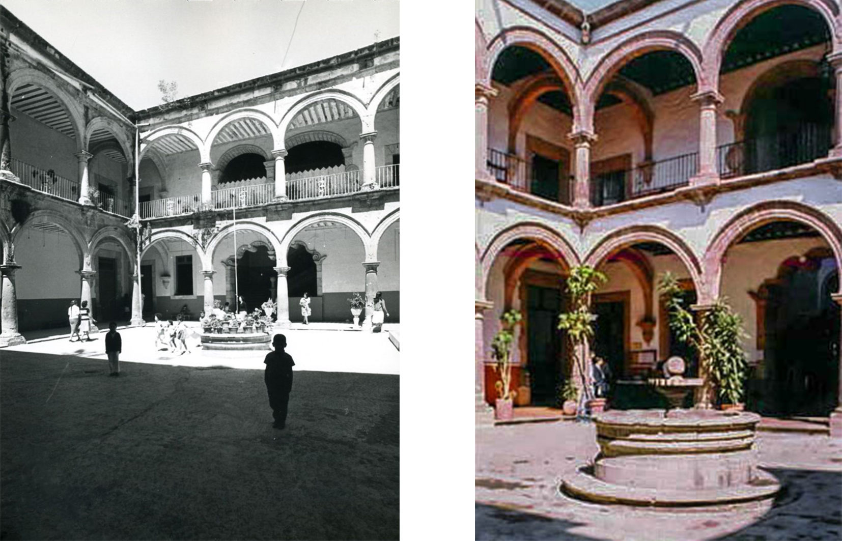 Vista del patio interior (izq.) Fuente: Fototeca Constantino Reyes Valero. Coordinación Nacional de Monumentos Históricos-INAH. Mayo 2023, vista del patio interior (dcha.), Antigua Alhóndiga utilizada como Jardín de niños "Emilio Carranza", 1999.