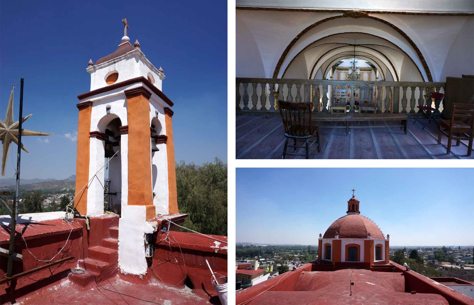 Detalles; izquierda, campanario del templo; derecha-superior, vista del coro; derecha-inferior, vista de la c&uacute;pula, 2017.