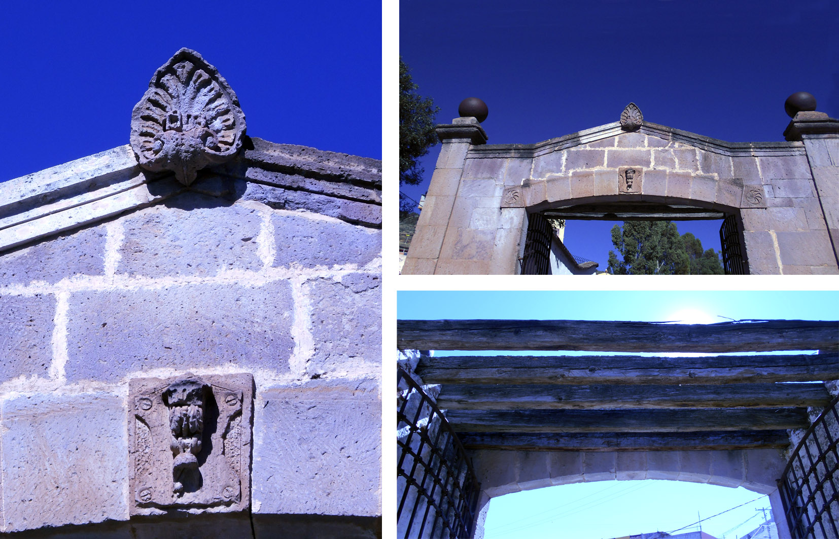 Izquierda, detalle de clave del arco y de remate; derecha-arriba, vista parcial del arco; derecha abajo, vista de la estructura de madera de la portada, 2016.