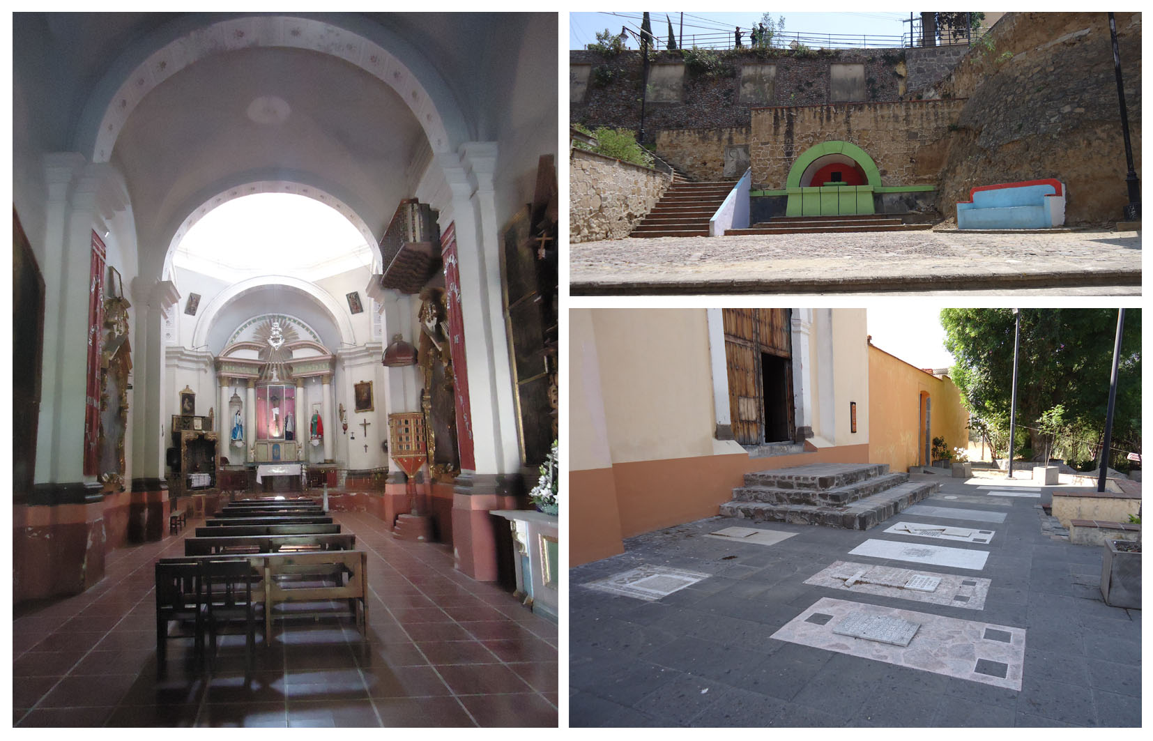 Vista hacia el altar (izq.), pila (arriba dcha.), placas del camposanto (abajo dcha.), 2018.