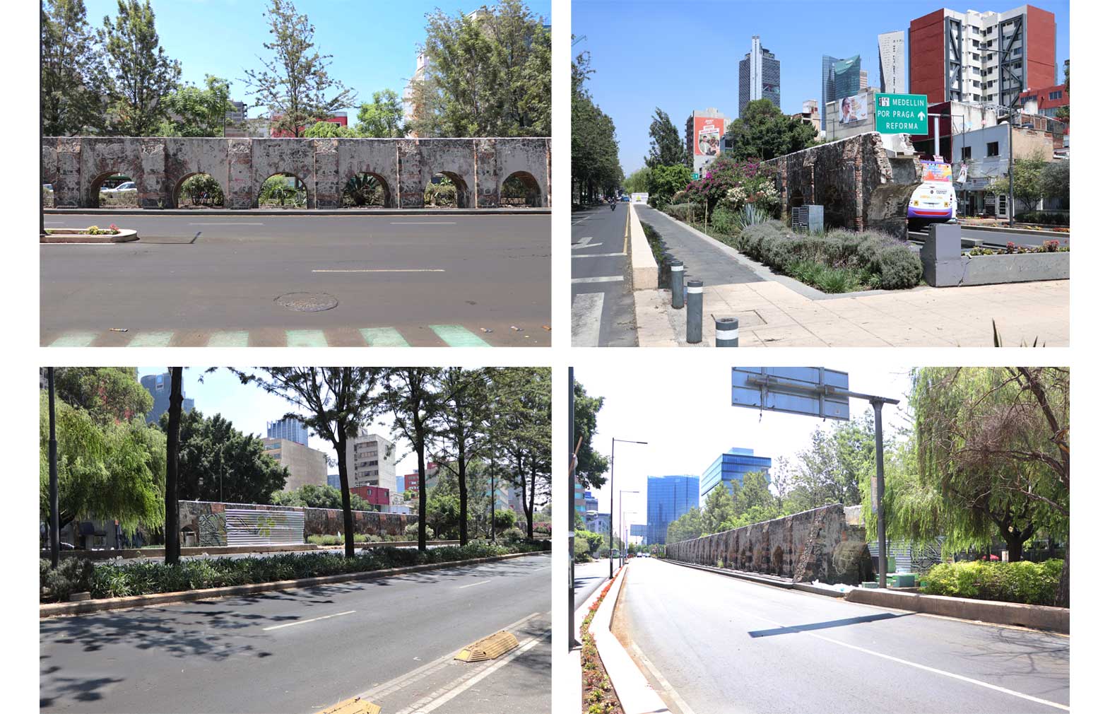 Vistas norte (arriba izq.), suroriente (arriba dcha.), surponiente (abajo izq.) y norponiente (abajo dcha.) del acueducto.