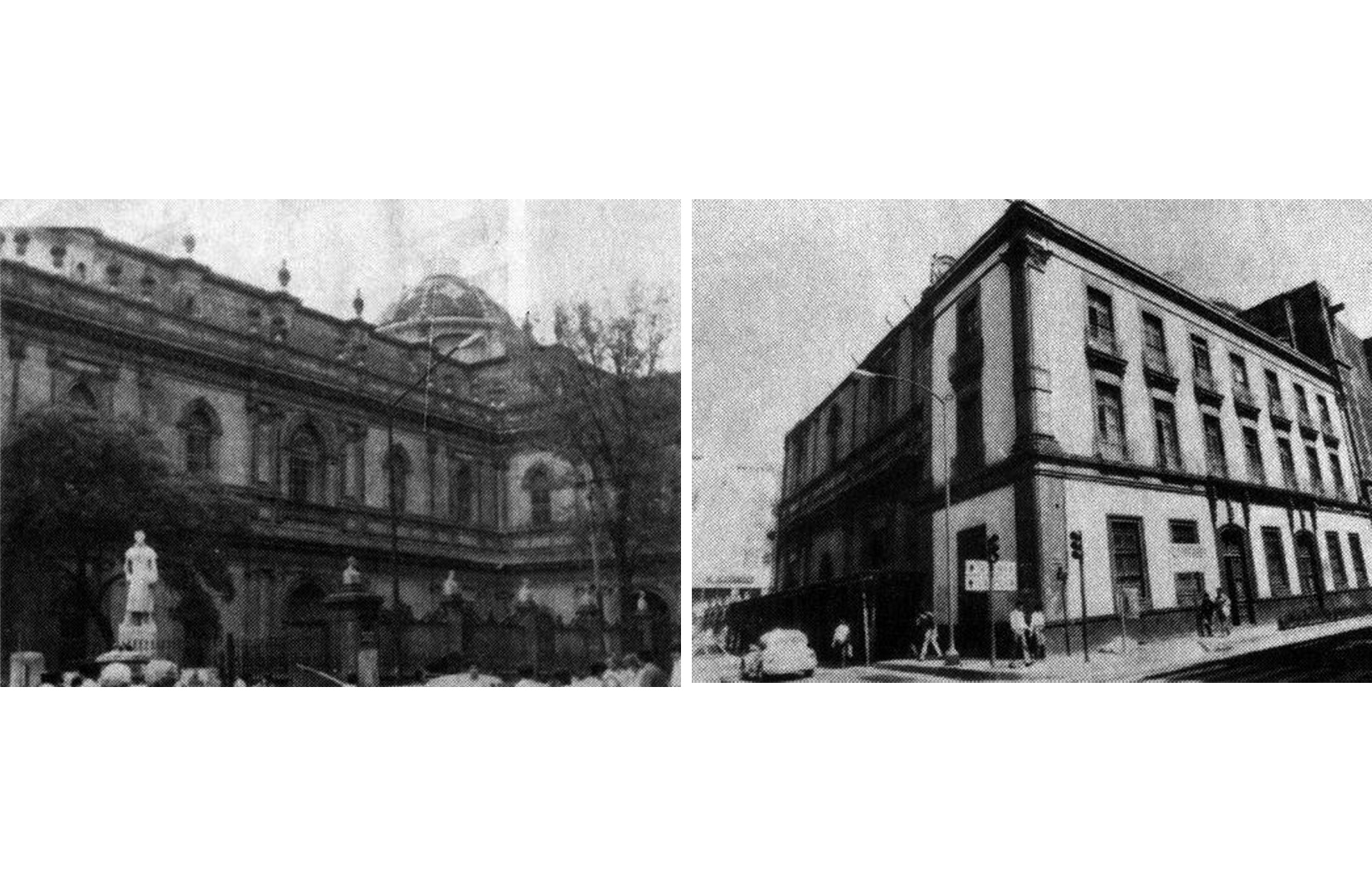 Antiguo Templo de San Agust&iacute;n, fachada poniente (izquierda), perspectiva de fachadas sur y poniente (derecha). Siglo XX.