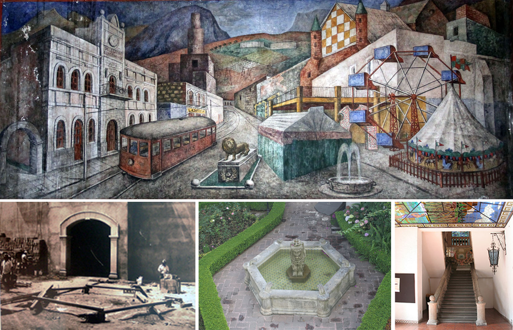Detalle de "Alegoría de Azcapotzalco", Juan O' Gorman, 1926 (arriba); trabajos de restauración (abajo izq.), construcción de la fuente (abajo centro), escalera principal (abajo dcha.), 2014.