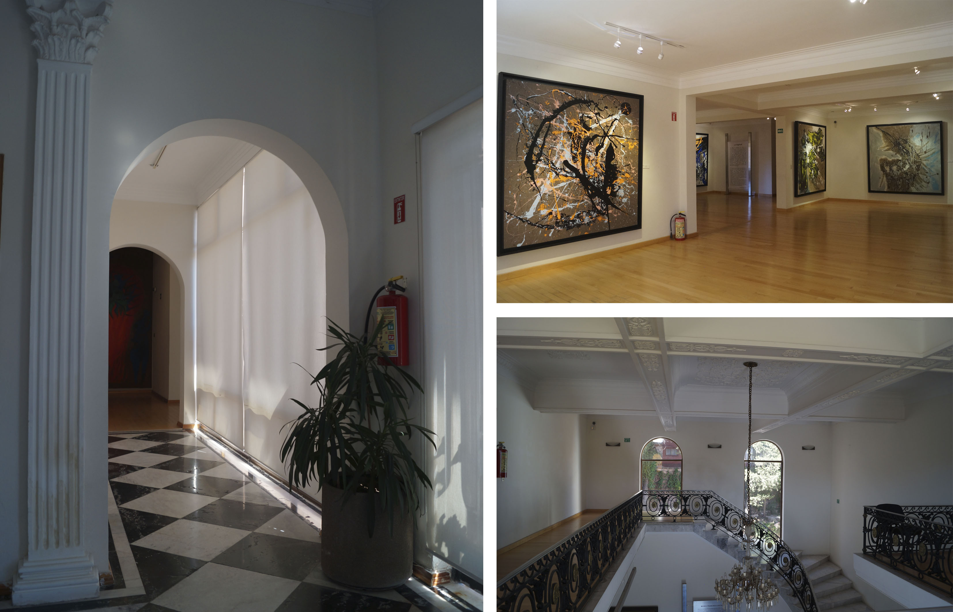 Izquierda: detalle de vano interior, superior derecha: vista de una sala de exposici&oacute;n, inferior derecha: vista de las escaleras desde arriba, 2016.