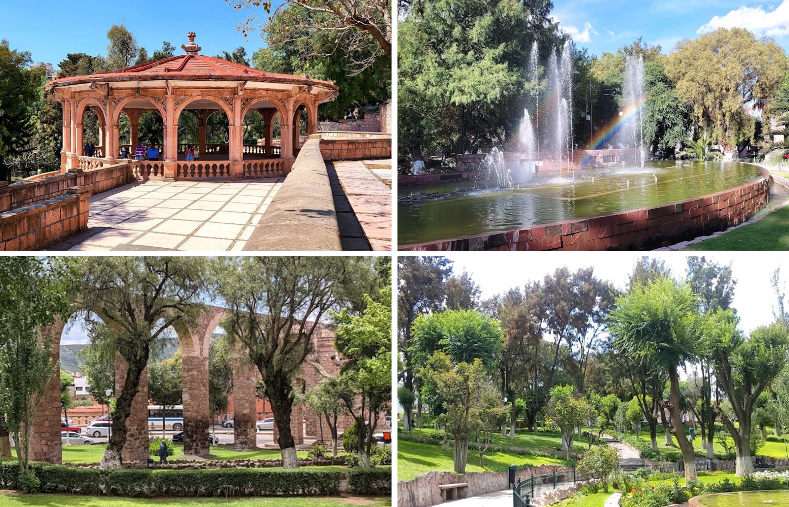 Kiosco (arriba izq.), lago (arriba dcha.), vista del acueducto (abajo izq.) y andadores (abajo dcha.), 2022. Fuente: Google Maps.