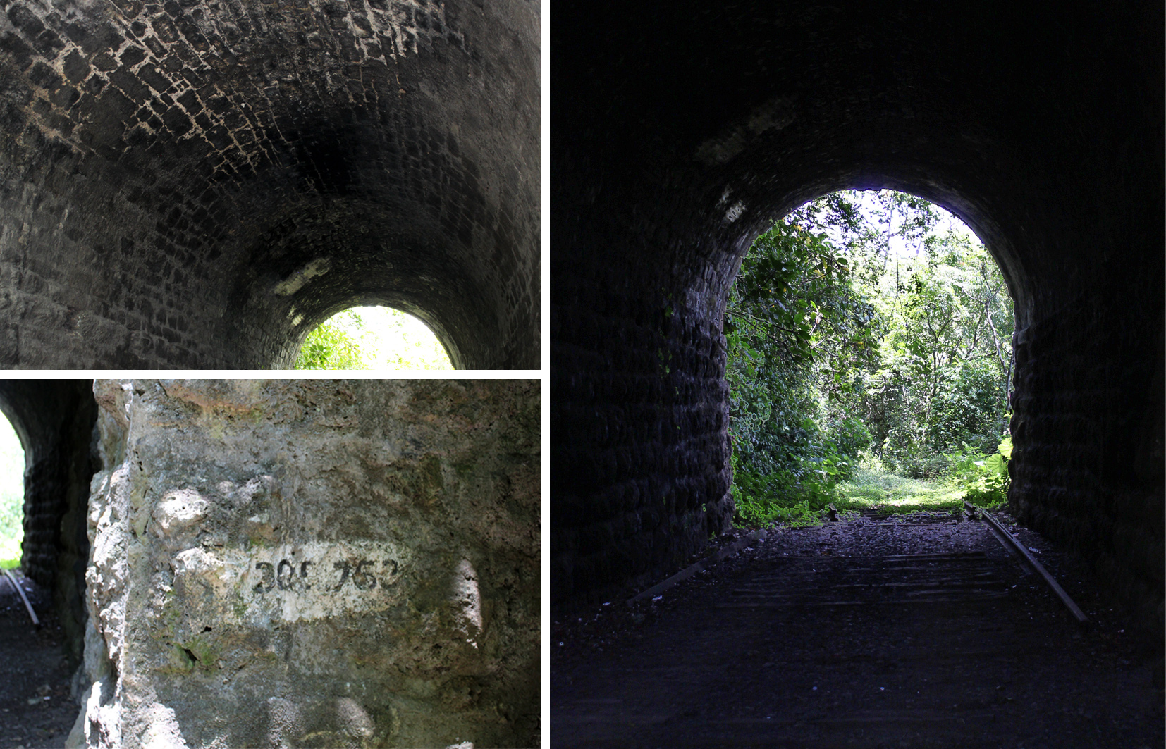 Detalle de la bóveda (arriba izq.), numeral (abajo izq.) e interior del túnel (derecha), 2018.