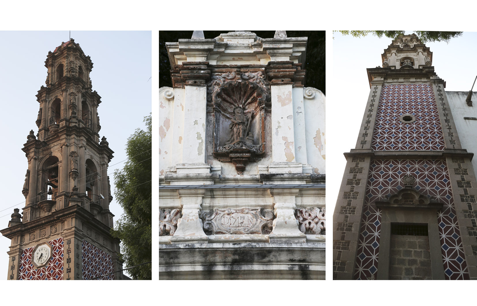 Izquierda y derecha: detalles de torre campanario; Centro: Venera con figura de bulto de San Juan Bautista, 2015.