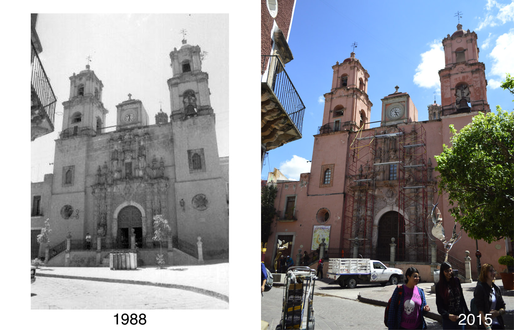 Im&aacute;genes de la portada del templo, 1988 y 2015.