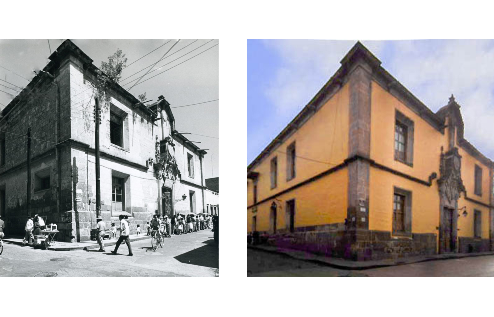 Fotografía histórica de la Antigua Alhóndiga desde la esquina de Abasolo y La Corregidora, cuando albergaba el "Jardín de Niños Emilio Carranza" (izq.), Fuente: Fototeca Constantino Reyes Valero, Coordinación Nacional de Monumentos Históricos-INAH. Mayo 2023,. Vista en esquina de la Antigua Alhóndiga (dcha.), 1999.