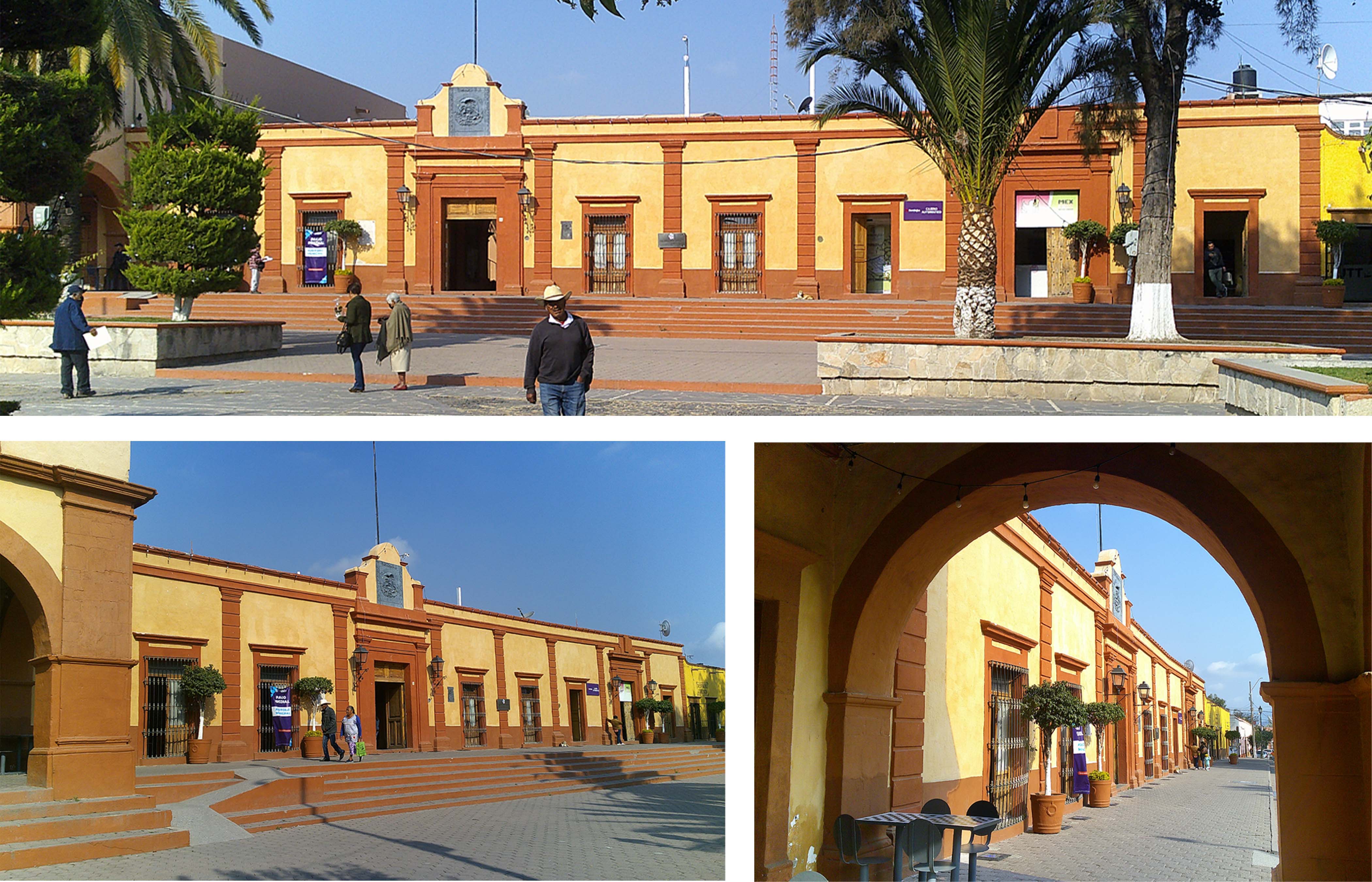 Fachada principal (arriba), detalle de fachada (abajo izq.) y vista de fachada desde el Portal Hidalgo o Grande (abajo dcha.), 2023.