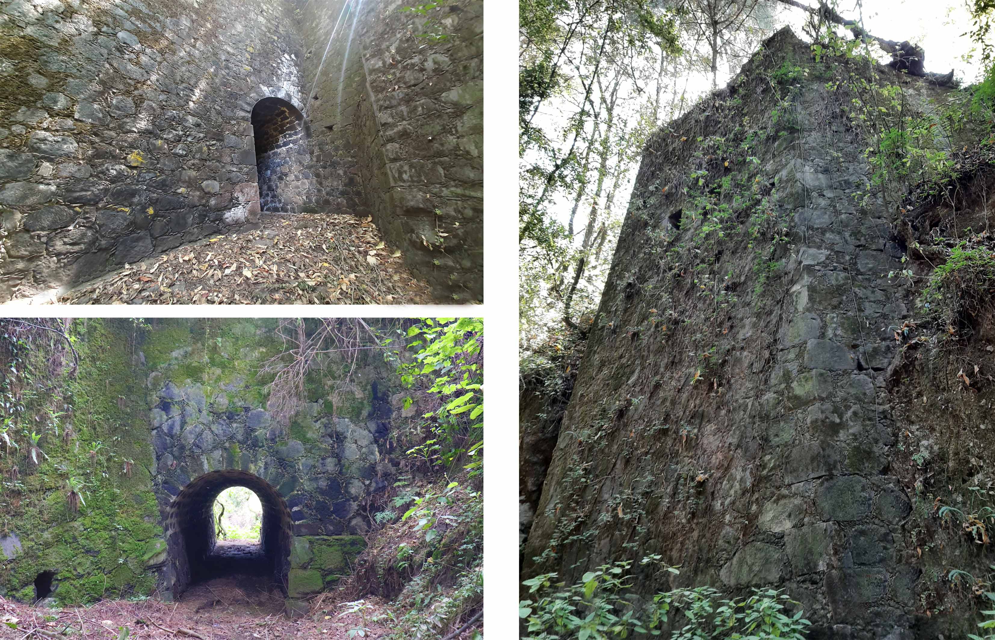 Fachada de la b&oacute;veda del puente Santa Teresa (arriba izq.), fachada de la b&oacute;veda Del Fraile Tlanamacoyan (abajo izq.) y parmento del puente El Pendiente (dcha.), 2021.