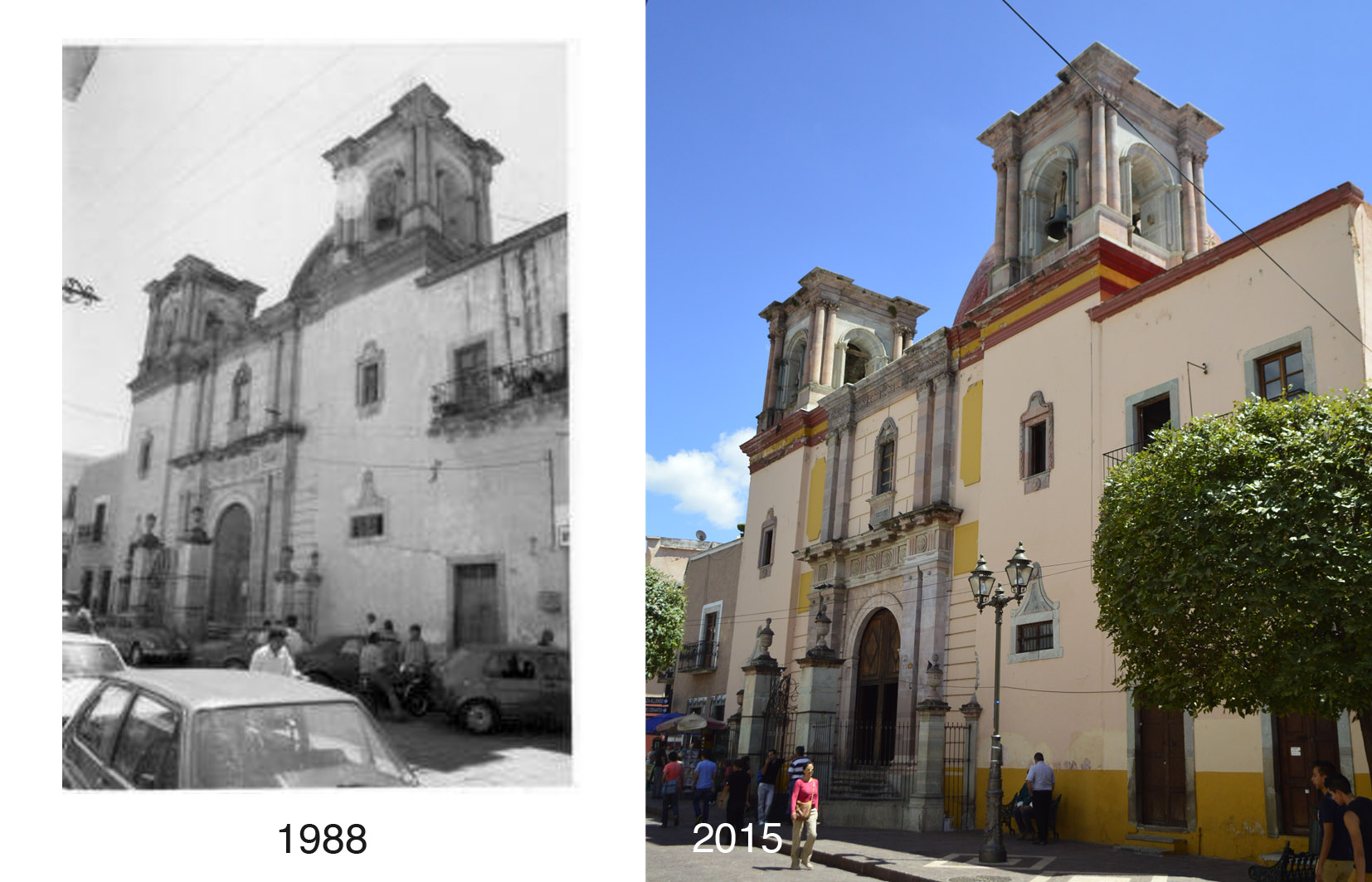 Portada de la iglesia, 1988 y 2015.