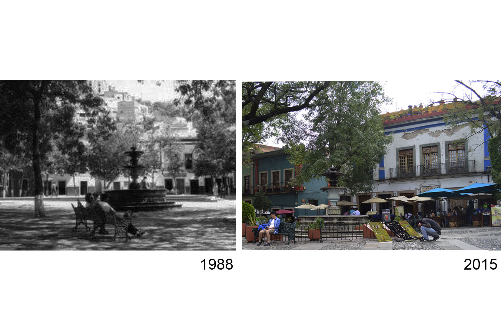 Im&aacute;genes de la plaza, 1988 y 2015.